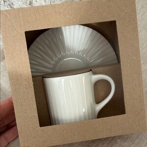 Anthropologie Cream Ceramic Mug and Saucer Set Sagrada Familia